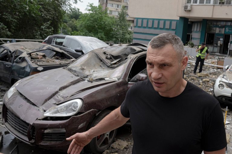 Kyiv Mayor Vitali Klitschko speaks to media in a yard of an apartment building damaged by Russian attack in Kyiv, Ukraine, Saturday, June 24, 2023. 
