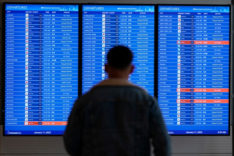 A traveler looks at a flight board with delays and cancellations at Ronald Reagan Washington National Airport in Arlington, Va.