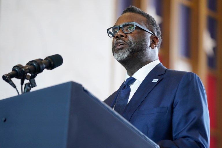 Chicago Mayor Brandon Johnson addresses the crowd before President Joe Biden delivers remarks on the economy on Wednesday, June 28, 2023, at the Old Post Office in Chicago. 