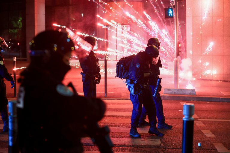 Riot police face off demonstrators on the third night of protests sparked by the fatal police shooting of a 17-year-old driver in the Paris suburb of Nanterre, France, on Thursday, June 29, 2023. The June 27 shooting of the teenager, identified as Nahel, triggered urban violence and stirred up tensions between police and young people in housing projects and other neighborhoods.