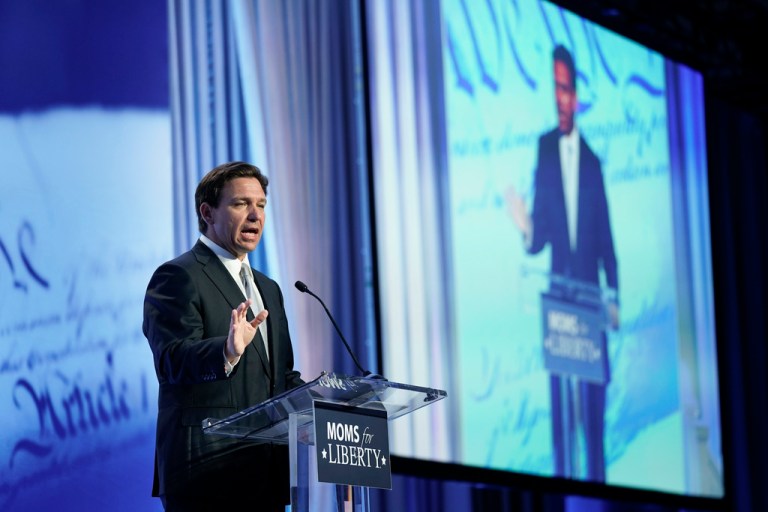 Gov. Ron DeSantis (R-FL) speaks at the Moms for Liberty summit in Philadelphia