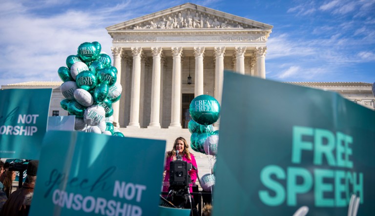 Lorie Smith, a Christian graphic artist and website designer in Colorado, speaks to supporters outside the Supreme Court in Washington, Monday, Dec. 5, 2022, after having her case heard by the Court. The Supreme Courtâs conservative majority has ruled a Christian graphic artist who wants to design wedding websites can refuse to work with same-sex couples. The court ruled 6-3 on Friday, June 30, 2023, for designer Lorie Smith.