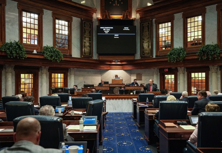 Members of the Senate vote to pass Senate Bill 1 during special session, Saturday, July 30, 2022, at the Indiana Statehouse in Indianapolis. The bill, which would ban most abortions in the state, passed 26-20 and moves on to the House.  The Indiana Supreme Court ruled Friday, June 30, 2023, that the state's abortion ban doesn't violate the state constitution, removing a major hurdle to enforcing the ban Republicans approved last summer.