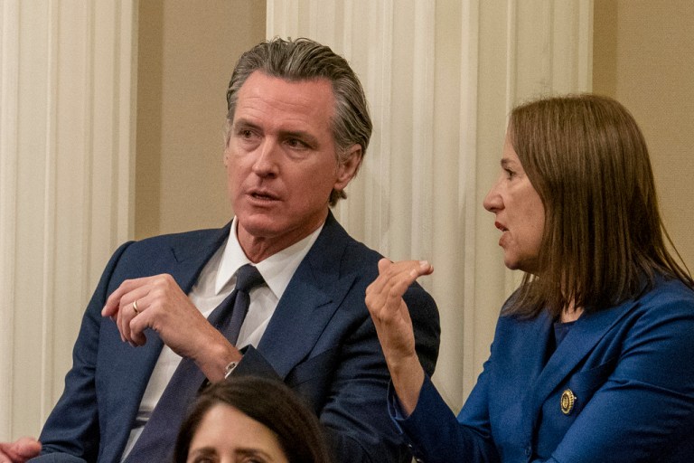 California Gov. Gavin Newsom talks with Lt. Gov. Eleni Kounalakis, at the swearing-in ceremony for California Assembly Speaker Robert Rivas, D-Hollister, at the Capitol in Sacramento, Calif., Friday, June 30, 2023.
