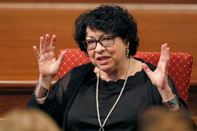 Supreme Court Justice Sonia Sotomayor, gestures as she speaks about her home life as a child and what drove her to a career in law and to author several books including an autobiography, 
