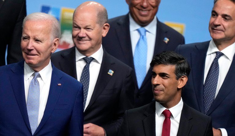 From left, United States President Joe Biden, Germany's Chancellor Olaf Scholz, Portugal's Prime Minister Antonio Costa, British Prime Minister Rishi Sunak and Greece's Prime Minister Kyriakos Mitsotakis during a group photo at a NATO summit in Vilnius, Lithuania, Tuesday, July 11, 2023.