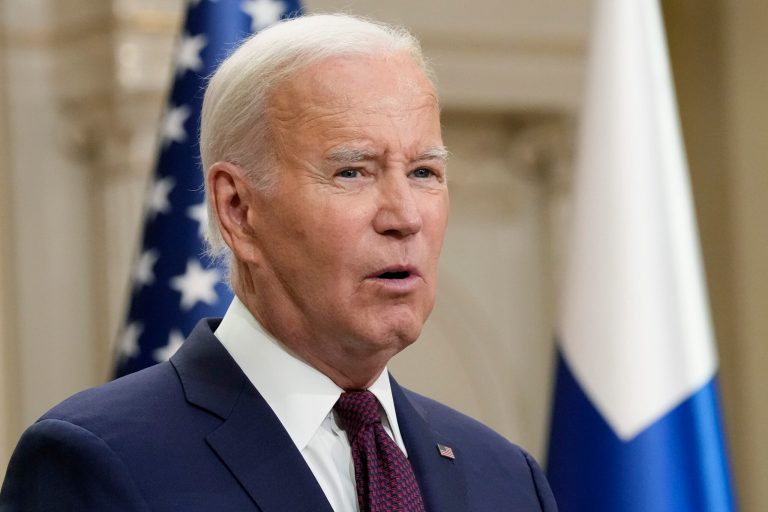 President Joe Biden speaks during a news conference with Finland's President Sauli Niinisto at the Presidential Palace in Helsinki, Finland, Thursday, July 13, 2023.