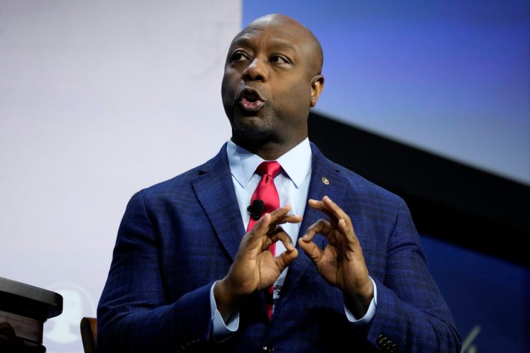 Republican presidential candidate Sen. Tim Scott, R-S.C., speaks during the Family Leadership Summit, Friday, July 14, 2023, in Des Moines, Iowa. 