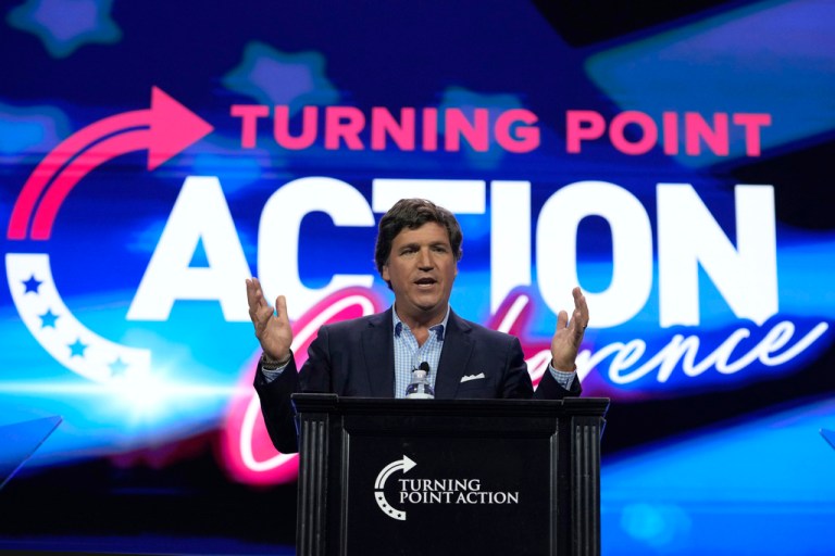 Tucker Carlson speaks at the Turning Point Action conference, Saturday, July 15, 2023, in West Palm Beach, Fla.