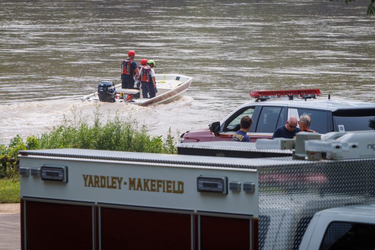 Yardley Makefield Marine Rescue leaving the Yardley Boat Ramp along N. River Road heading down the Delaware River on Monday morning July 17, 2023, in Yardley, Pa. Search and rescue units are looking for two lost children caught in flood waters Saturday. 