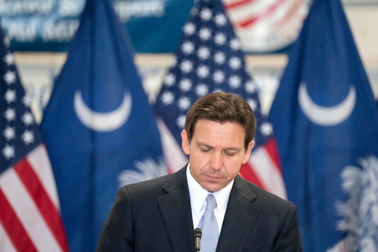 Florida governor and Republican presidential candidate Ron DeSantis speaks during a press conference at the Celebrate Freedom Foundation Hangar in West Columbia, S.C., on July 18, 2023. 
