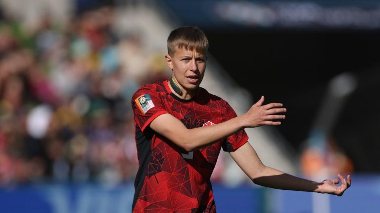 Canada's Quinn gestures during the Women's World Cup Group B soccer match between Nigeria and Canada in Melbourne, Australia, Friday, July 21, 2023. 
