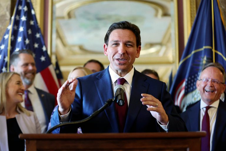Republican presidential candidate and Florida Gov. Ron DeSantis  speaks during a news conference at the Capitol in Salt Lake City, Friday, July 21, 2023. 