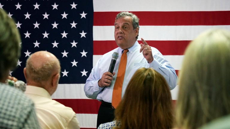 Republican presidential candidate former New Jersey Gov. Chris Christie addresses a gathering during a campaign event at V.F.W. Post 1631, Monday, July 24, 2023, in Concord, N.H. 