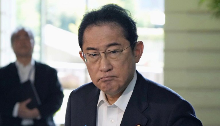 Japanâs Prime Minister Fumio Kishida meets the journalists about North Korea's missile launch, at his office in Tokyo Tuesday, July 25, 2023.