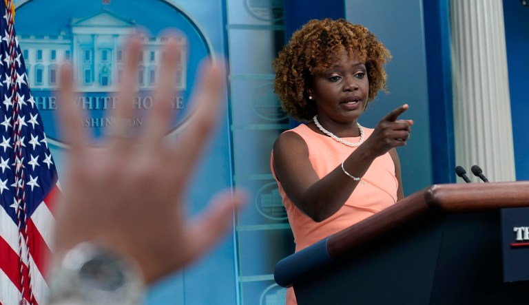 White House press secretary Karine Jean-Pierre calls on a reporter during the daily briefing at the White House in Washington, Tuesday, July 25, 2023.