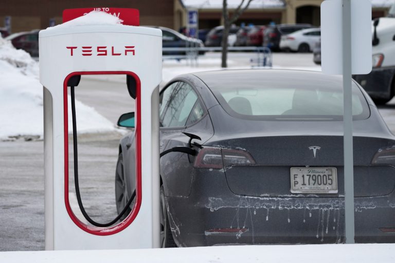 FILE - Tesla Supercharger is seen in Rolling Meadows, Ill., Monday, Jan. 30, 2023. (AP Photo/Nam Y. Huh, File)