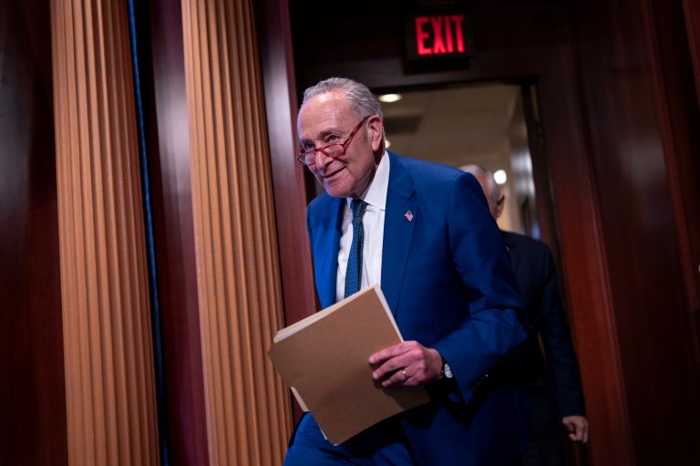 Senate Majority Leader Chuck Schumer, D-N.Y., arrives to speak with reporters after completing work to authorize appropriations for fiscal year 2024 for military activities of the Department of Defense, at the Capitol in Washington, Thursday, July 27, 2023.