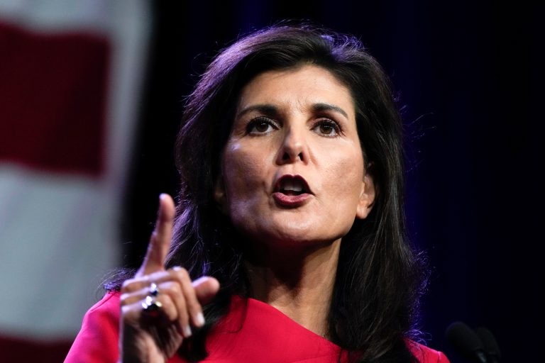 Republican presidential candidate former U.N. Ambassador Nikki Haley speaks at the Republican Party of Iowa's 2023 Lincoln Dinner in Des Moines, Iowa, Friday, July 28, 2023. 
