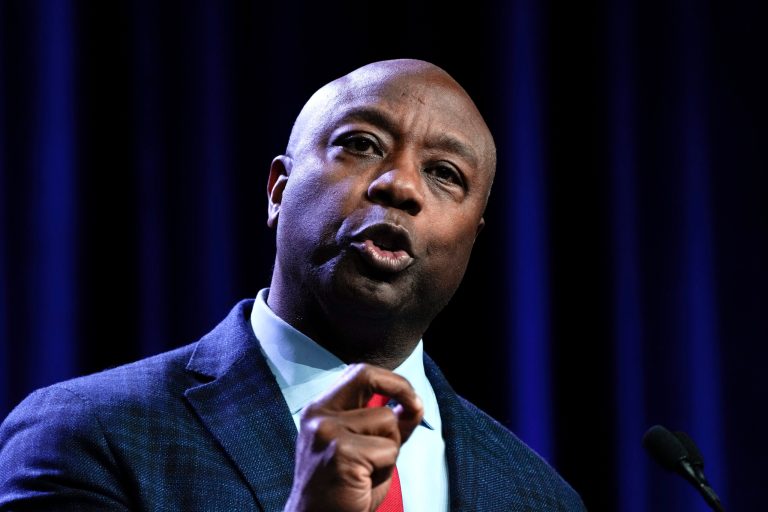 Republican presidential candidate Sen. Tim Scott, R-S.C., speaks at the Republican Party of Iowa's 2023 Lincoln Dinner in Des Moines, Iowa, Friday, July 28, 2023. 