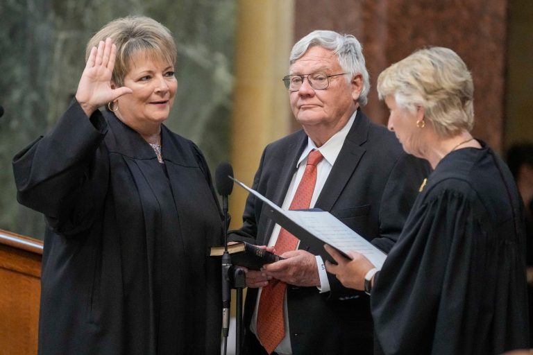 Janet Protasiewicz, left, is sworn as a Wisconsin Supreme Court justice by Supreme Court Justice Ann Walsh Bradley, Tuesday, Aug. 1, 2023, in Madison, Wisconsin. 