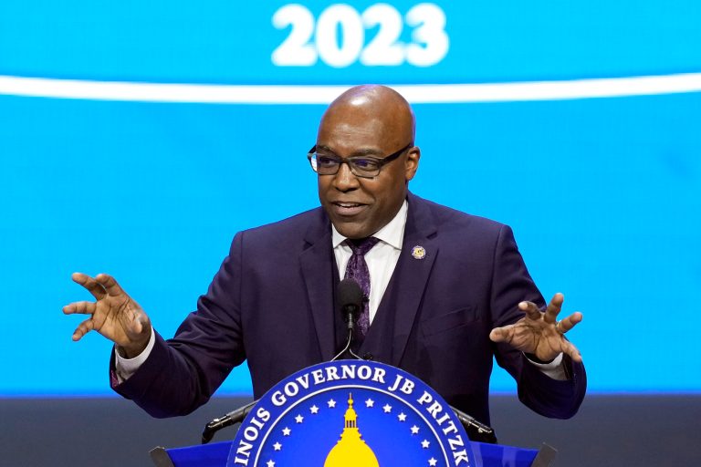FILE - Illinois Attorney General Kwame Raoul delivers his remarks after being sworn to his second term as attorney general during ceremonies, Jan. 9, 2023, in Springfield, Ill. (AP Photo/Charles Rex Arbogast, File)