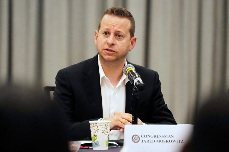 U.S. Congressmen Rep. Jared Moskowitz (D-FL), speaks during a roundtable discussion with a bipartisan delegation of members of Congress and others, Friday, Aug. 4, 2023, in Parkland, Fla. (AP Photo/Marta Lavandier).