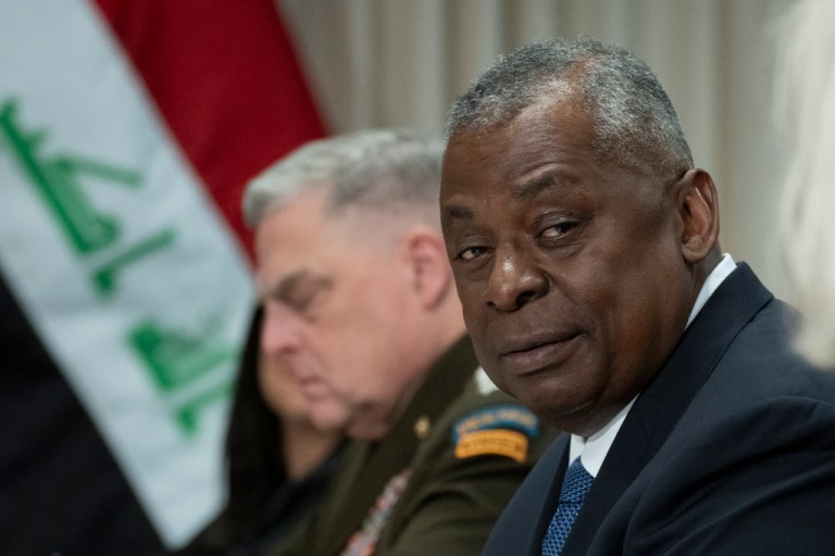 Secretary of Defense Lloyd Austin, second from right, with Chairman of the Joint Chiefs of Staff Gen. Mark Milley in Washington, Monday, Aug. 7, 2023.