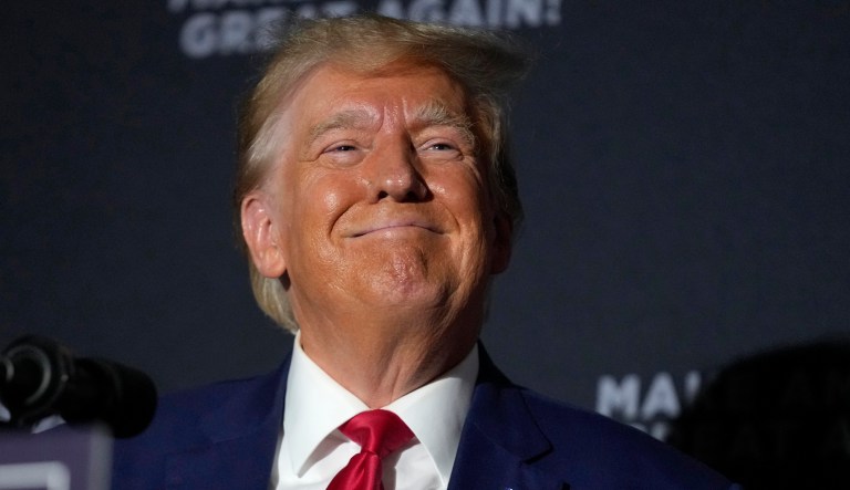 Republican presidential candidate former President Donald Trump speaks at a campaign rally, Tuesday Aug. 8, 2023, at Windham High School in Windham, N.H.