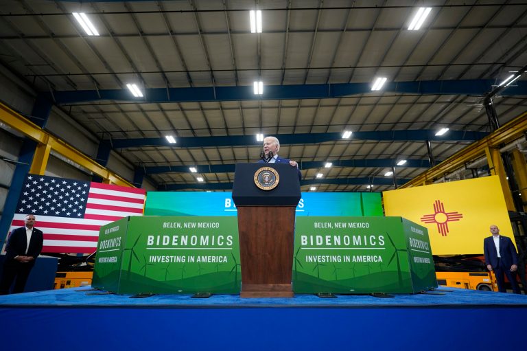 President Joe Biden speaks at the Arcosa Wind Towers in August as part of his 