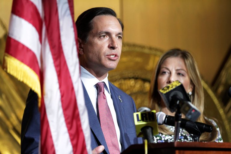 Stephen Waguespack, candidate for governor speaks to the media after qualifying at the Secretary of State's Office on Thursday, Aug. 10, 2023 in Baton Rouge, La.