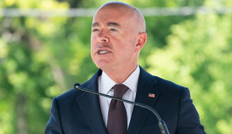 Homeland Security Secretary Alejandro Mayorkas speaks during a press conference announcing investment of Inflation Reduction Act funds at the St. Elizabeth DHS campus on Thursday, Aug. 17, 2023, in Washington.