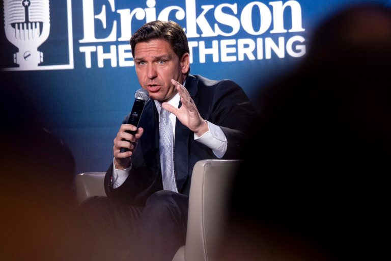 Presidential candidate and Florida Gov. Ron DeSantis speaks at The Gathering in Atlanta, on Friday, Aug. 18, 2023.