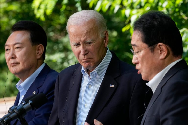 President Joe Biden shook off concerns that a reelection loss would roll back the progress he, Japanese Prime Minister Kishida Fumio, and South Korean President Yoon Suk Yeol made at Friday's Camp David trilateral summit.