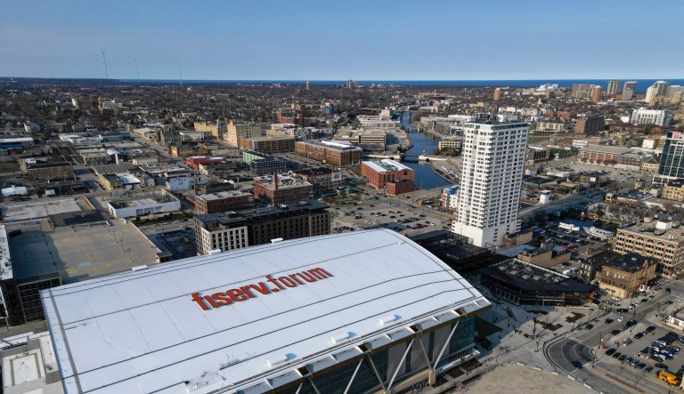 The Fiserv Forum is seen Friday, April 7, 2023, in Milwaukee. The spotlight is on Wisconsin's role as one of a shrinking handful of genuine battleground states. (AP Photo/Morry Gash, File)