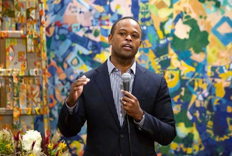 Kentucky Republican gubernatorial candidate and current Attorney General Daniel Cameron speaks before introducing his wife, Makenze Cameron, and Kelley Paul, wife of Sen. Rand Paul (R-KY), for the Moms for Cameron event at the Downing Museum in Bowling Green, Kentucky, on Aug. 16, 2023.