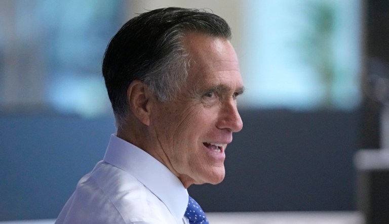 Sen. Mitt Romney, R-Utah, speaks with Strider Technologies, an AI-powered strategic intelligence firm Tuesday, Aug. 22, 2023.