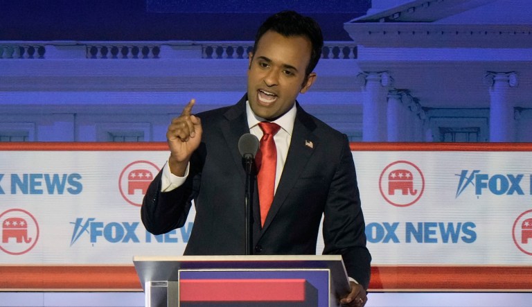 Republican presidential candidate businessman Vivek Ramaswamy speaks during a Republican presidential primary debate hosted by FOX News Channel Wednesday, Aug. 23, 2023, in Milwaukee.
