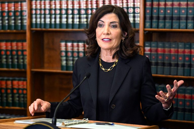 Gov. Kathy Hochul (D-NY) speaks to reporters about end of session legislative bills and a swearing-in ceremony, June 7, 2023, in Albany, New York.