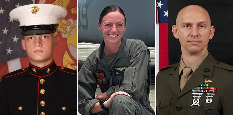 This combination of photos provided by U.S. Marines Corps shows Marine V-22B Osprey pilot Capt. Eleanor V. Beau, center, Cpl. Spencer R. Collart, left, and Maj. Tobin J. Lewis, right.