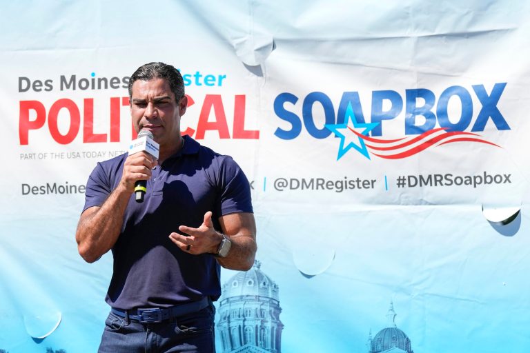 FILE - Republican presidential candidate Miami Mayor Francis Suarez speaks during The Des Moines Register Political Soapbox at the Iowa State Fair, Aug. 11, 2023, in Des Moines, Iowa. 