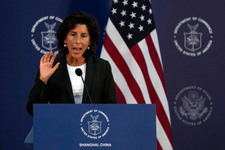 U.S. Commerce Secretary Gina Raimondo speaks during the press conference at the Boeing Shanghai Aviation Service Co., Ltd, in Shanghai, China, Wednesday, Aug. 30, 2023.