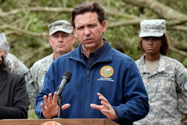 Florida Gov. Ron DeSantis speaks at a news conference Wednesday, Aug. 30, 2023, in Perry, Fla., in the aftermath of Hurricane Idalia. 