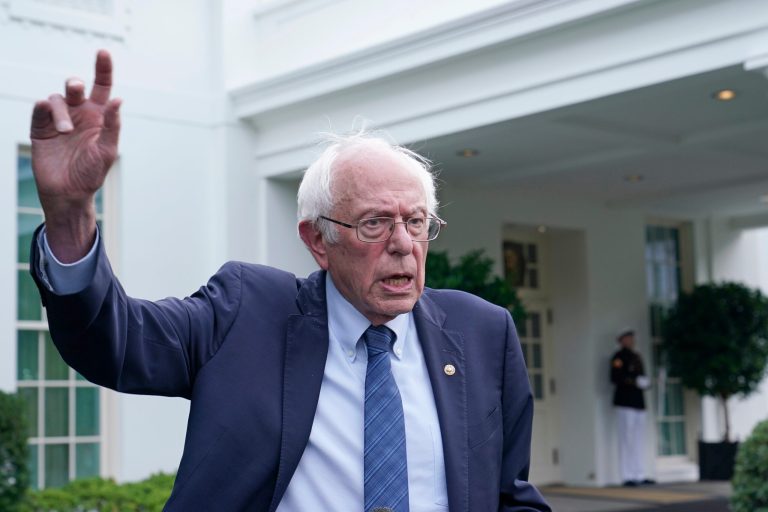 Sen. Bernie Sanders (I-VT) talks with reporters following his meeting with President Joe Biden at the White House in Washington on Wednesday, Aug. 30, 2023.