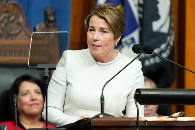 Gov. Maura Healey (D-MA) delivers her inaugural address in the House at the Statehouse moments after being sworn into office during inauguration ceremonies, Jan. 5, 2023, in Boston. On Thursday, Aug. 31, Healey activated up to 250 members of the Massachusetts National Guard to assist at shelters and hotels as the state struggles with a flood of migrants.