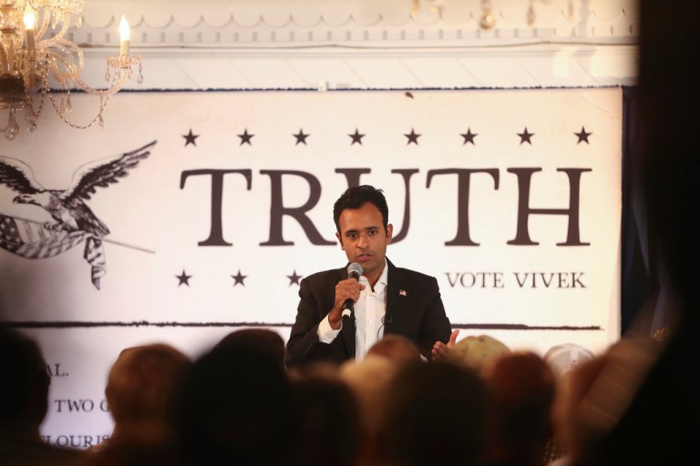 Republican presidential candidate Vivek Ramaswamy speaks in front of his TRUTH sign during a campaign stop on Friday, Sept. 1, 2023, in Hampton, N.H.