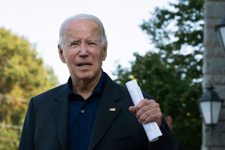 President Joe Biden speaks to members of the media after attending Mass at St. Edmond Roman Catholic Church in Rehoboth Beach, Del., Sunday, Sept. 3, 2023. 