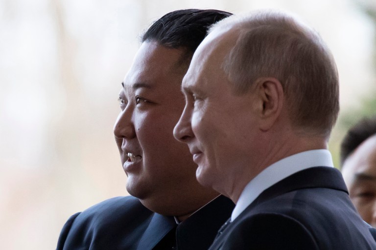 FILE - Russian President Vladimir Putin, right, and North Korea's leader Kim Jong Un pose for a photo prior to their talks in Vladivostok, Russia, on April 25, 2019. (AP Photo/Alexander Zemlianichenko, Pool, File)