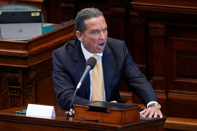 Attorney Tony Buzbee makes opening statements for the defense during the impeachment trial for Texas Attorney General Ken Paxton in the Senate Chamber at the Texas Capitol, Tuesday, Sept. 5, 2023, in Austin, Texas.