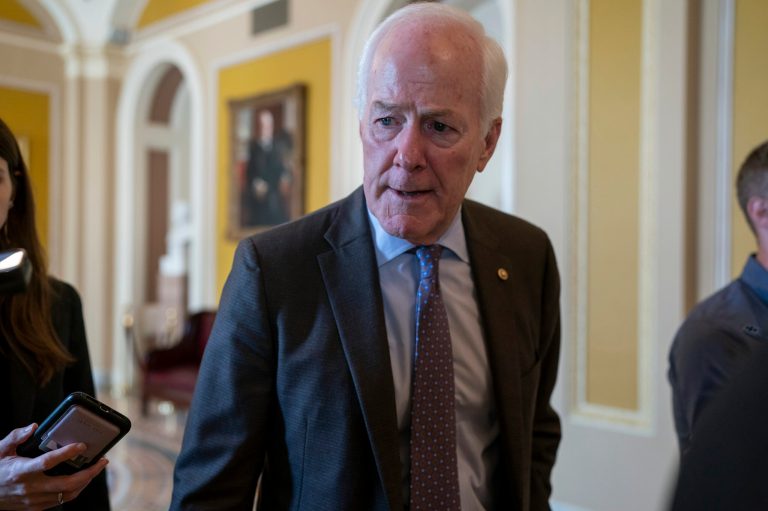 Sen. John Cornyn (R-TX) speaks to reporters as Senate Republicans head to a closed-door meeting with Senate Minority Leader Mitch McConnell (R-KY) at the Capitol in Washington, Tuesday, Sept. 5, 2023. McConnell, 81, faces questions about his ability to continue as the top Senate Republican after he has frozen up twice during news conferences in the last two months since falling and suffering a concussion in March. During the event in Kentucky last week, he fell silent for roughly 30 seconds as he answered a question from a reporter.